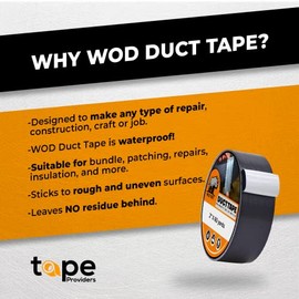WOD DTC10 Advanced Strength Industrial Grade Black Duct Tape, 1/4 inch x 60 ft. Waterproof, UV Resistant For Crafts & Home Improvement