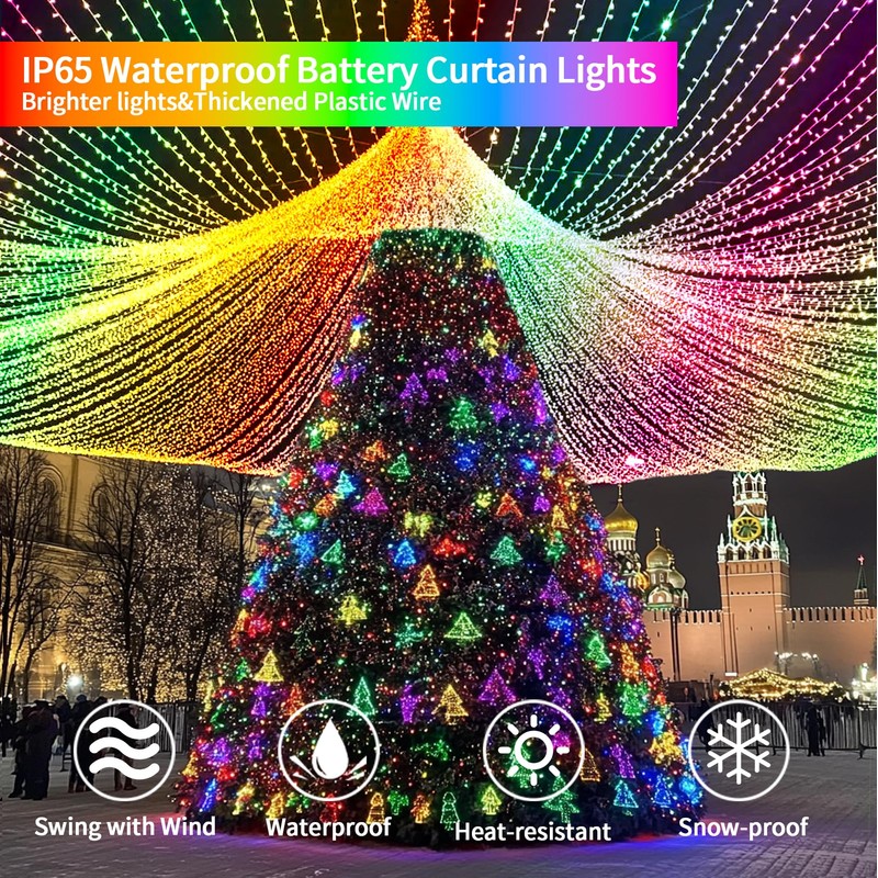 Curtain Lights Battery Operated 10x10Ft 300LED Waterproof Waterfall Light with