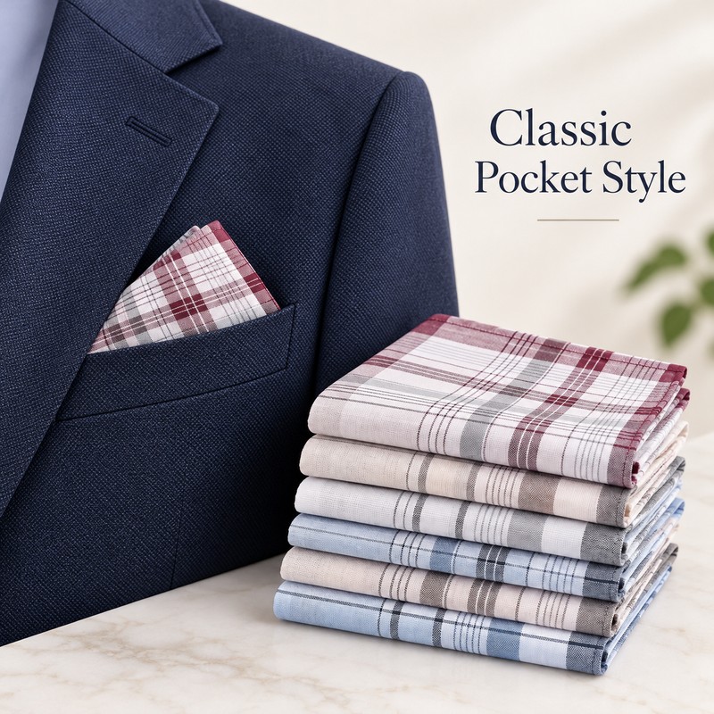 6-Piece Men's Plaid and Striped Handkerchief Set – Classic Polyester-Cotton