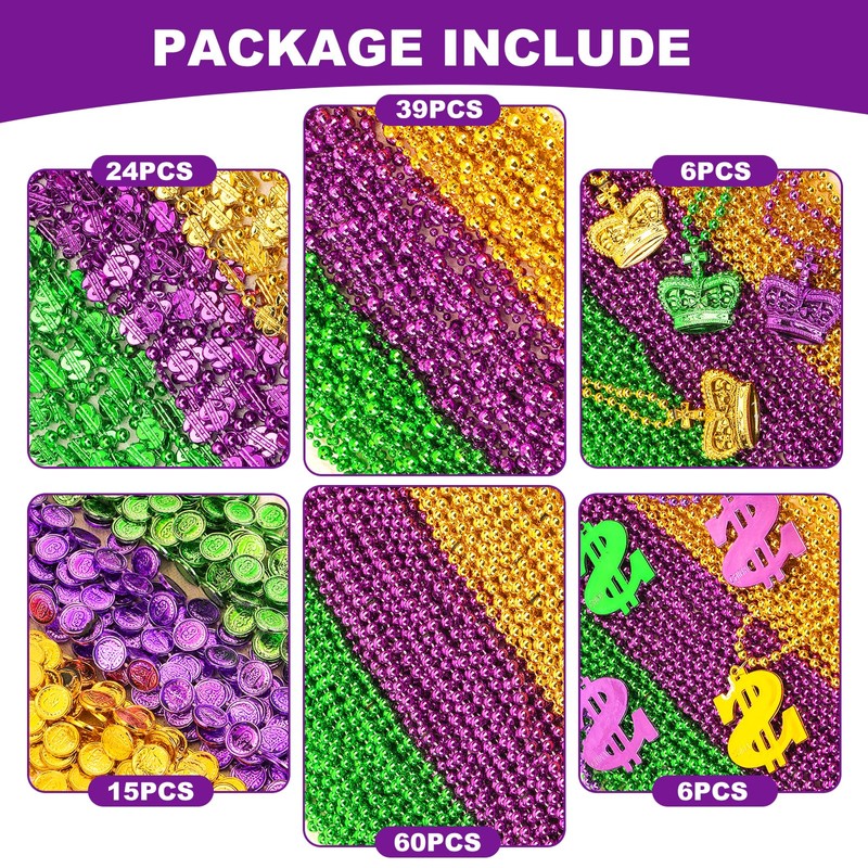 Becfupo 150 Pcs Metallic Mardi Gras Beaded Necklaces Bulk, Purple,