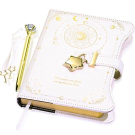 Hoci Poci Diary with Lock and Keys for Girls Gift Ideas, 360 Gold Edged Pages Journal for Women, B6 Refillable Notebook for Writing with Pen and Bookmark (Astro White)