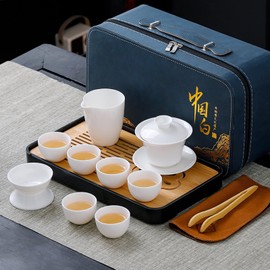 REOWONU Chinese tea set traditional, Chinese gongfu tea set for adults, Gaiwan tea set with 6 cups (Pure white 6cups)