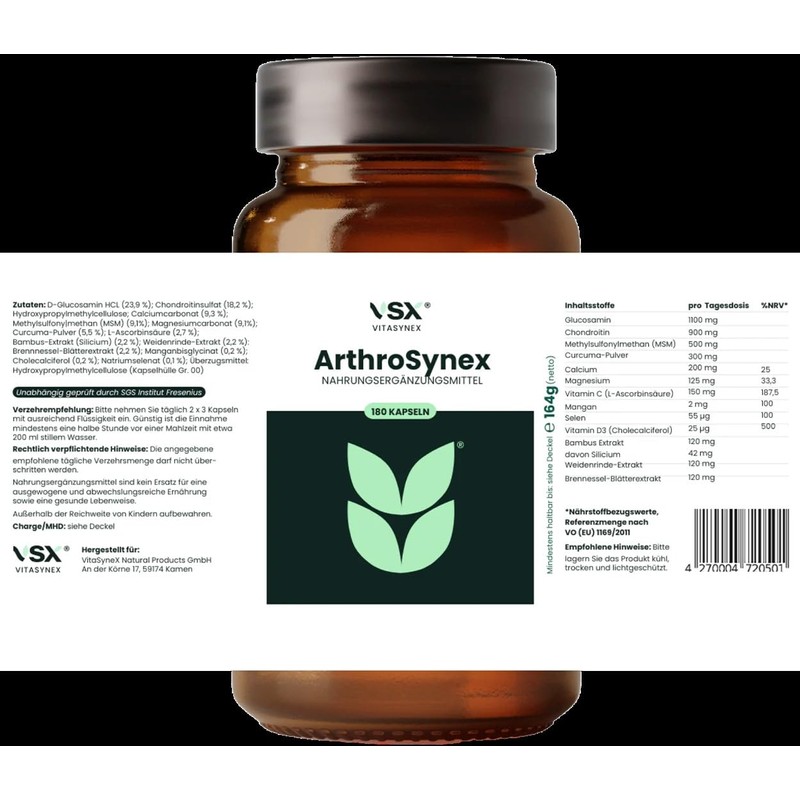 VitaSynex ArthroSynex 180 Capsules Joint and Bone Care with Glucosamine,