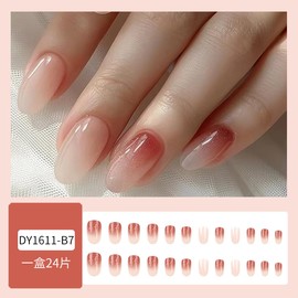 24Pcs Long Press on Nails Almond Fake Nails Gradient Design Full Cover Nude Acrylic on Nails French False Nails Glossy Stick on Nails Artificial Glue on Nails Nail Art Decoration Kit for Women Girls