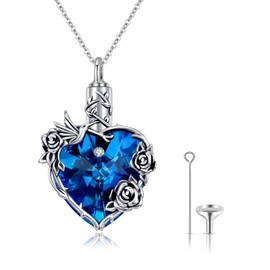 JFASHOP Hummingbird Urn Necklace 925 Sterling Silver Rose Flower Cremation Necklace for Ashes Blue Heart Crystal Urn Necklace for Ashes for Women Memorial Jewellery, Sliver, Zircon