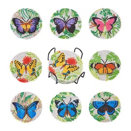 Pandahall 8Pcs Butterfly Pattern Diamond Painting Coaster with Holder for Adults Beginners 5D DIY Mandala Cup Coaster Diamond Art Kits with Cork Mat Rhinestone Painting Pen for Spring Home Decor