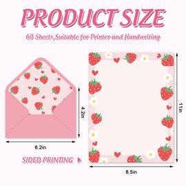 Whaline 60 Strawberry Stationery Paper Set Red Pink Strawberry Flower Letter Writing Paper with Envelopes for Birthday Baby Shower Invitation Office Printing, 8.5 x 11 Inch
