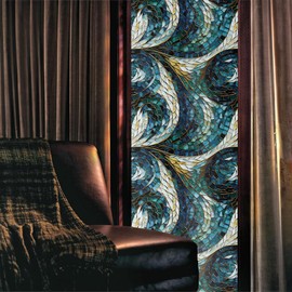 Vintage White Blue Green Geometric Mosaic Stained Glass Window Films Decorative Double-Side Privacy Film Self-Adhesive Static Glass Clings for Living Room Bathroom Decor