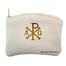 WJ Hirten Ava Maria and Chi Rho Cross Sheepskin Leather Rosary Case with Velvet Lining, White, 3 1/4 Inch