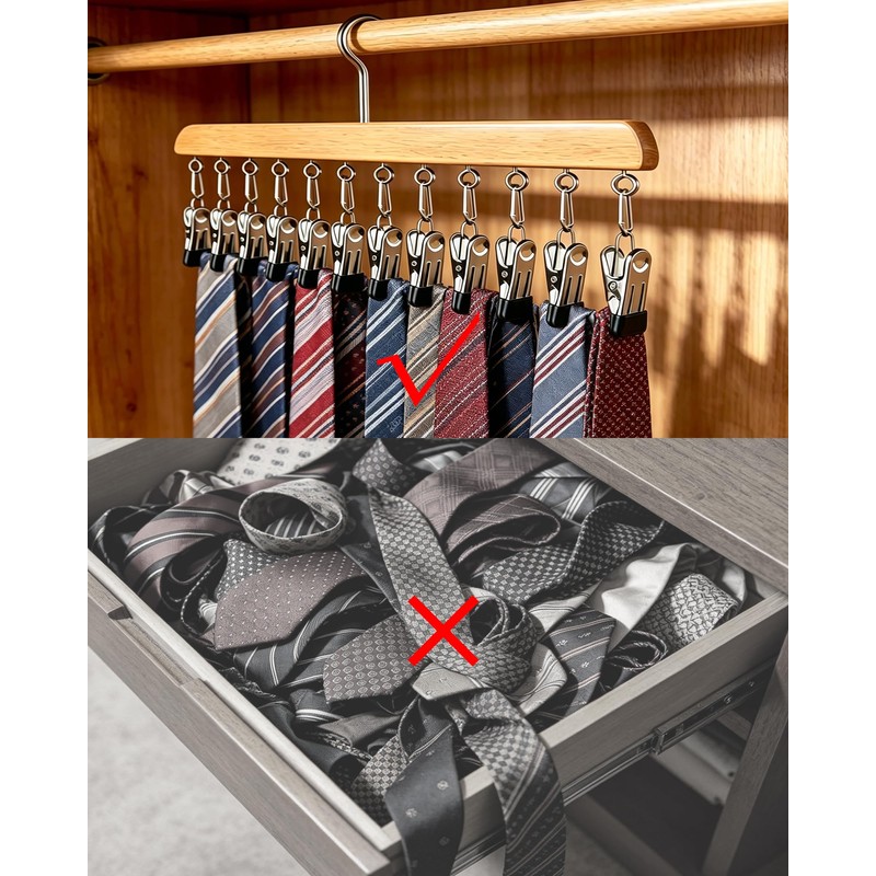 Closet Organizer with 10 Clips, 2 Pack Wooden Hanging Storage