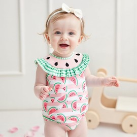 Motlapol Baby Girl Watermelon Romper Sleeveless Ruffle Smocked Bubble Bodysuit with Pockets Cute One Piece Summer Outfits (Pink, 0-3 Months)