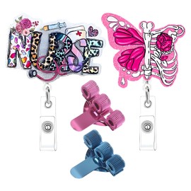 Zliger Nurse Accessories, 2 x Coloured Three-Hole Pen Holder Metal with Pocket Clip and 2 x ID Card Holder Nurse with Retractable for Doctor, Teacher, Office, Clinic, Doctor