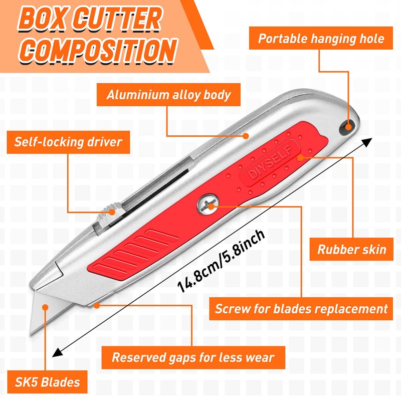 DIYSELF 2-Pack Box Cutter, Utility Knife with SK5 Blades, Portable