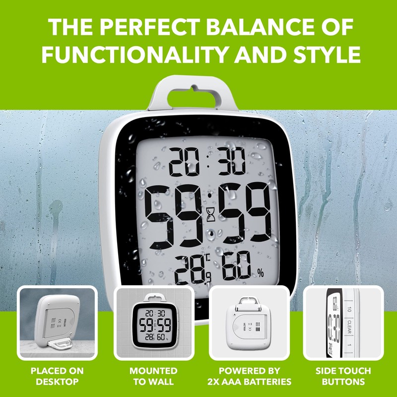 BALDR Digital Bathroom Clock With Timer - Waterproof Shower Clock