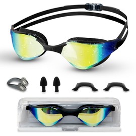 mizikuu Swimming Goggles Polarised Swimming Goggles Anti-Fog Unisex Adult Swimming Goggles UV Protection Self-Adjusting Nose Bridge Orbit-Proof Seals Swimming Goggles with Ear Plugs and Nose Clip
