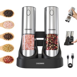 CAISIMIKI Electric Salt and Pepper Grinder Set Upgraded Stainless Steel Spice Grinder USB Rechargeable Automatic Pepper Mill Dual Charging Station Grinder Shakers, Silver