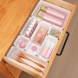 25 PCS Plastic Drawer Organizers Set, 4-Size Versatile Bathroom and Vanity Drawer Organizer Trays, Storage Bins for Makeup, Bedroom, Kitchen Gadgets & Office (White)