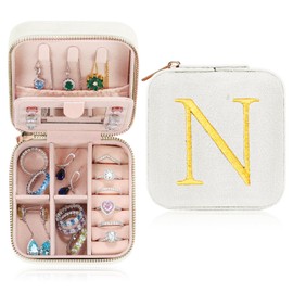 Parima Travel Jewelry Box Jewelry Organizer Gifts for Women - Small Jewelry Case Travel Essentials Gifts for Women Mom Friends Female Birthday Her Bridesmaids Teenage Gifts Idea - Letter N, White