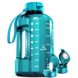 AQUAFIT 1 Gallon Water Bottle with Time Marker - Straw & Chug Lid - BPA Free Gym Water Bottle with Straw - Big Gallon Jug (Forest Fade, 128 oz - 2 Lids)