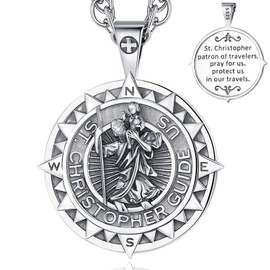 INFUSEU St Christopher Necklace for Men, 925 Sterling Silver Saint Christopher Pendant Compass Christian Faith Religious Divine Protection Jewelry Amulet Gifts for Men Women
