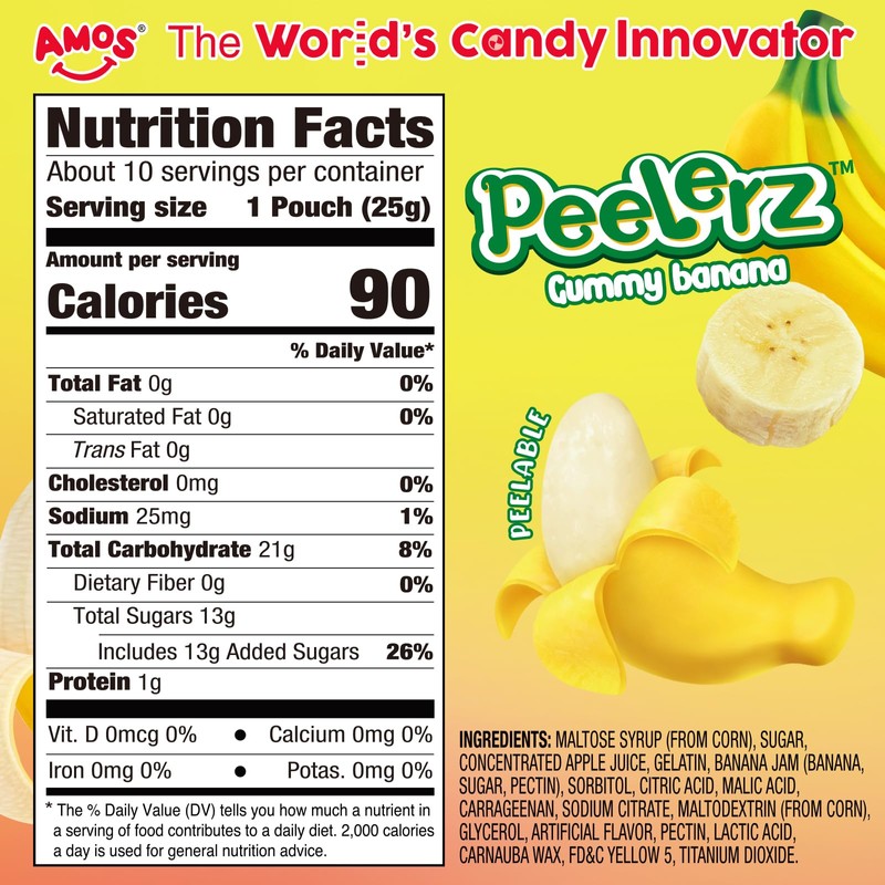 AMOS Peelerz Banana Gummy Candy, Peelable Fruit-Shaped Candy, 8.47oz Box