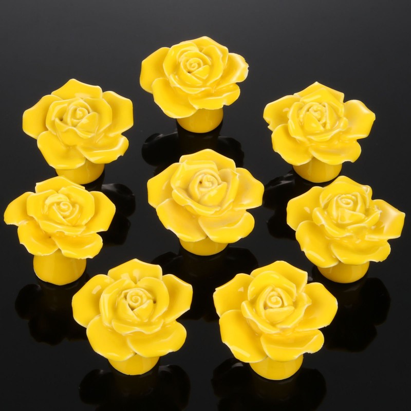 Yellow 8PCS Knobs & Handles Modern Ceramic Rose Flower Drawer