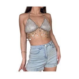 Women Sparkly Rhinestone Bra Top Butterfely Sequins Chest Bikini Backless Crop Top Body Chain Jewerly for Festival Party Top