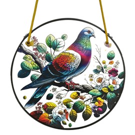 Huyfoig Rainbow Pigeon Garden Suncatchers Outdoor, Colorful Feather Pigeon on Branch Stained Glass Window Hanging Dove Sign for Kitchen Living Room, Birds Window Decor Birthday Gift 7.9"/20cm