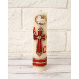 Handmade 8"x2" Beautiful Red with Gold Cross 1st Confirmation Unique Paschal Gold-Tone Candle Alpha Omega Cross Sheep Baptism Easter Lent Batuizo Devotional Cirio
