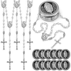 Jadive 12 Sets Catholic Rosary Necklace 6mm Glass Pearl Beaded Necklace with Metal Gift Box for Women Men Prayer Gift (Silver)