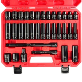 EACELIY 33pcs 1/2" Impact Socket Set (8-22mm), Metric Socket Set, Cr-V Steel, 6 Point Deep & Shallow Sockets, with 5" 10" Extension Bars and 1/2" Universal Joint