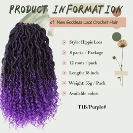8 Packs Purple Goddess Locs Crochet Hair 18 inch Prelooped River Locs Crochet Hair Boho Faux Locs Crochet with Curly Ends Boho Style Synthetic Hair Extensions(18" 8Packs T1B/purple#)