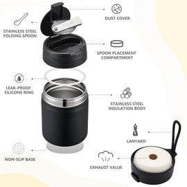 Pawtong 17oz Soup Thermo for Hot Food Kids Insulated Vacuum Food Jar with Stainless Steel Spoon Wide Mouth Thermo Leakproof Lunch Food Container Kids Hot Lunch Box (Black)