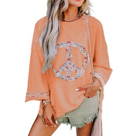 KevaMolly Womens Long Sleeve Tops Floral Peace Symbol Drop Shoulder Sweatshirt Crewneck Casual Pullover Top Orange a-XXL