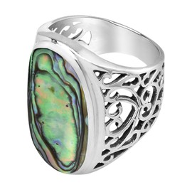 AeraVida Vintage Elegant Large Oval Abalone Shell Intricate Heart Filigree .925 Sterling Silver Ring Size 6 | Timeless Statement Jewelry for Women
