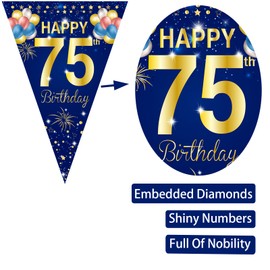 40Pcs Navy Blue Happy 75th Birthday Banner Bunting Flags - Navy Blue and Gold Glitter 75th Birthday Anniversary Party Decoration Supplies,75th Birthday Triangle Flag Banners for Men Women