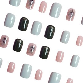 24Pcs Square Press on Nails Short Fake Nails Green Glossy Natural Acrylic Nails with Gold Foils Leaves Designs Full Cover Glue on Nails Artificial Coffin False Nails for Women Daily Wear Decoration