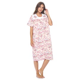 Casual Nights Women's Snap - Front House Dress Short Sleeve Woven Housecoat Duster Lounger Robe with Pockets - Pink Floral - X-Large