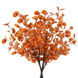 unlemoni 6pcs Artificial Fall Eucalyptus Leaves Stems Fall Decorations Silk Fake Eucalyptus Branches Fall Leaves for Vase Boquets Autumn Home Wedding Table Thanksgiving Decor Orange