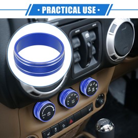 VekAuto 3 Pcs Car Console Interior AC Conditioner Switch Knob Cover Ring Compatible for Jeep Wrangler JK JKU 2011-2018, Non-Slip Aluminum Alloy Blue