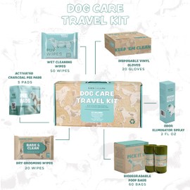 Dog Travel Cleaning Kit and Accessories - Dog Road Trip Essentials - Includes Grooming Wet Wipes and Dry Wipes, Poop Bag, Odor Spray, Pee Pads, and Gloves - Dog Mom Gifts for Women