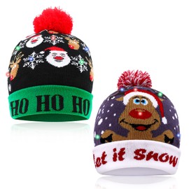 2 Pieces Christmas Hat, LED Lighting, AIMMIE Xmas Beanie Knitted Hat, 6 Colourful LED Christmas Hat, Unisex Christmas Cap, Christmas Tree Hat, LED Hat for Kids and Adults