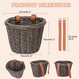 MEGHNA Children's Bicycle Basket, Front Braided Baskets for Girls, Adjustable Bicycle Basket with Leather Straps, Mini Handlebar Basket for Children's Bicycle, Brown