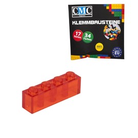 CMC imports 30 Clamping Blocks, Building Blocks, Basic Building Blocks, 1 x 4 Nubs, Compatible Bricks, 34 Different Colours (224 - Red - Transparent)