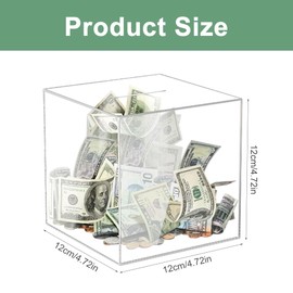 XEERUN Clear Acrylic Money Box,Clear Piggy Bank for Adults Kids,12x12x12cm Square Clear Piggy Bank Save Up Smash Money Box, Break to Open Piggy Bank for Adults and Kids