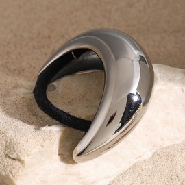 Stainless Steel Arch Hair Cuffs Hair Ties, 18K Gold Chunky Ponytail Cuff Hairties, Women Glossy Ponytail Holders Elastic Hair Bands,Geometric Gold and Silver Hair Accessories (Large Size Silver)