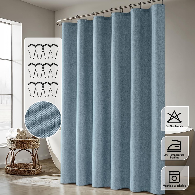 ANRODUO Linen Shower Curtain, Fabric Shower Curtain with 12 Metal