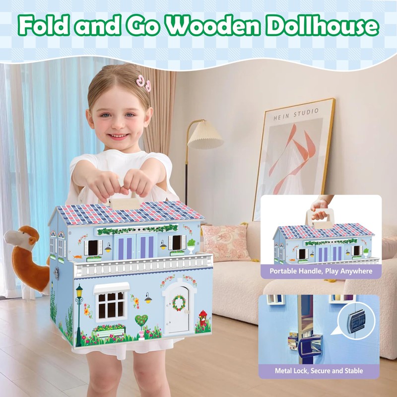 SIMPLIPLAY Wooden Dollhouse, DIY Portable Pretend Play Doll House Set
