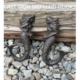 KiaoTime Pack 2 Cast Iron Mermaid Hook Vintage Rustic Wall Hanger Decor Beach Nautical Coastal Style Bathroom Shower Hand Towels Holder Wall Coat Racks