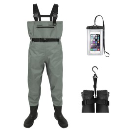 DikaSun Waterproof Fishing Waders for Men Women| 2-Ply Nylon/PVC Chest Wader with Boots for Fly Fishing| Lightweight Bootfoot Waders (Gray, M10/W12)